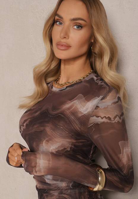 Brązowa Dopasowana Sukienka z Siateczkowego Materiału z Wiskozą Zdobiona Rozcięciem Naliriel