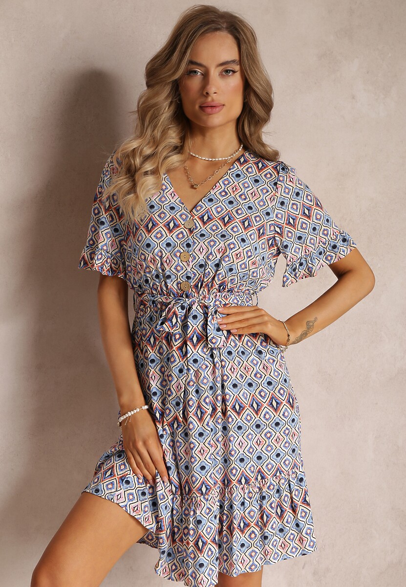 Niebieska Sukienka Mini z Gumką w Pasie i Falbanką z Wiskozy Ellison