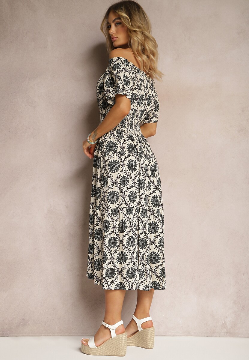 Szaro-Beżowa Sukienka z Wiskozy o Kroju Hiszpanki z Gumką w Pasie Zilalina