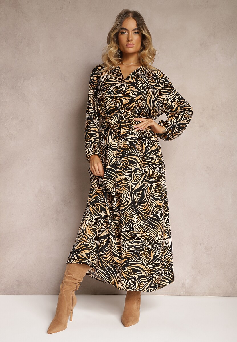 Czarna Kopertowa Sukienka Długa w Abstrakcyjny Wzór z Paskiem w Talii Elennora