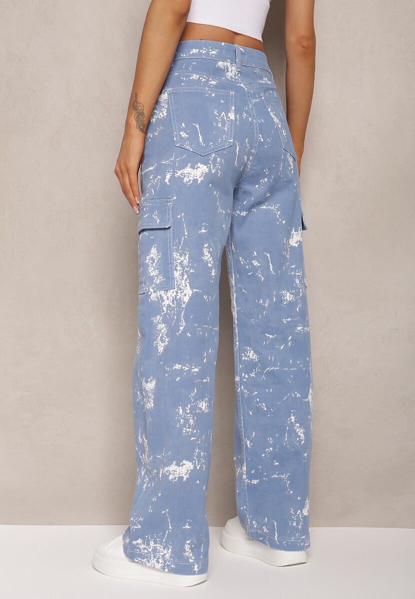 Niebieskie Jeansy High Waist z Designerskim Wzorem z Szerokimi Nogawkami Joltta
