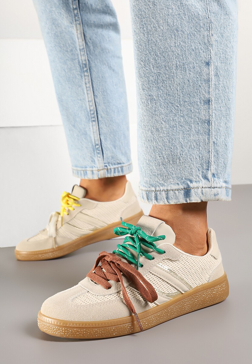 Beżowe Sneakersy z Geometrycznymi Paskami i Podwójnym Wiązaniem Florlevi
