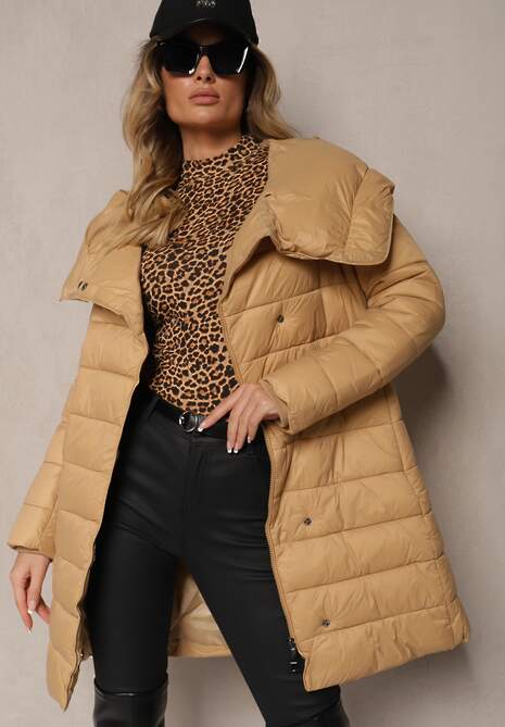 Beżowa Długa Pikowana Kurtka z Kapturem i Dodatkowym Paskiem Hanovia