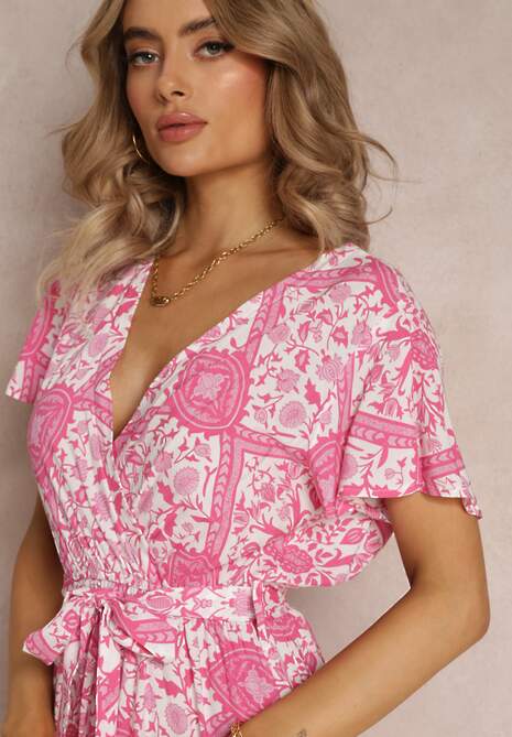 Fuksjowa Rozkloszowana Sukienka z Kopertowym Dekoltem i Wiązanym Paskiem Brynis