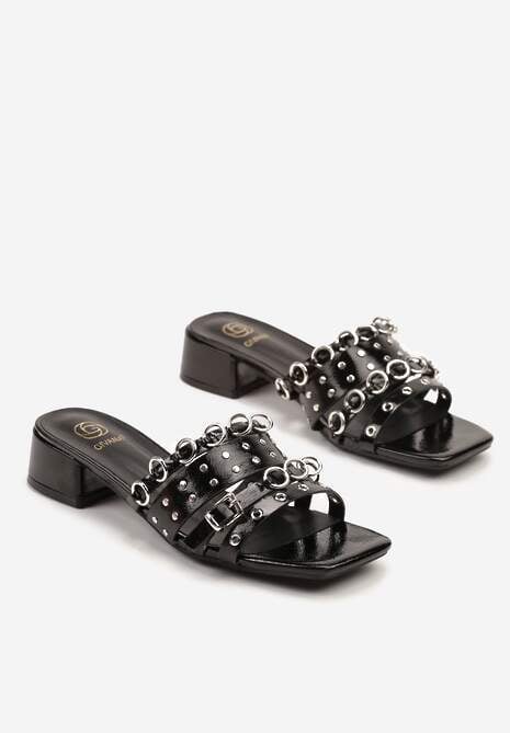 Czarne Klapki z Ćwiekami i Nitami na Kwadratowym Obcasie Meviona