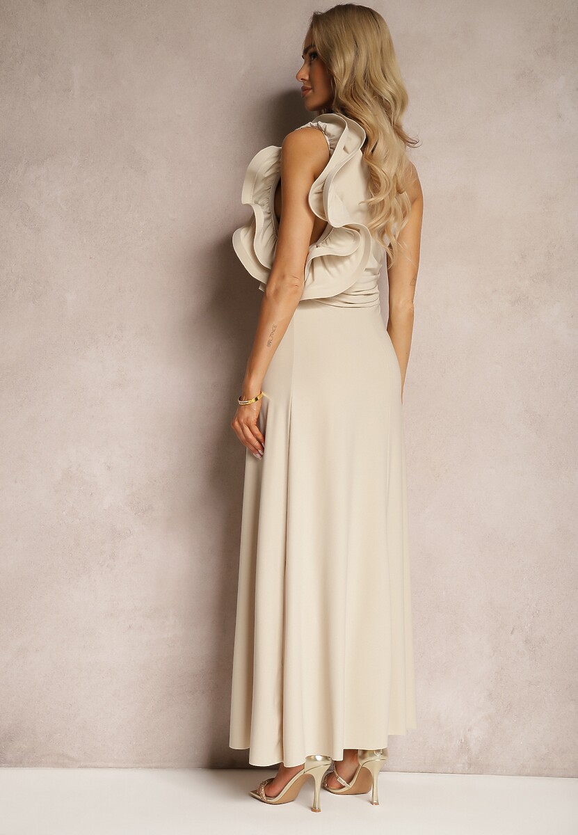 Beżowa Rozkloszowana Sukienka Asymetryczna z Dużymi Falbanami przy Ramionach Cevada