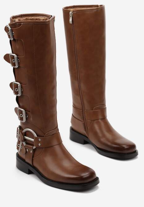 Jasnobrązowe Kozaki Biker z Ozdobnymi Klamerkami i Kwadratowym Noskiem Vivao