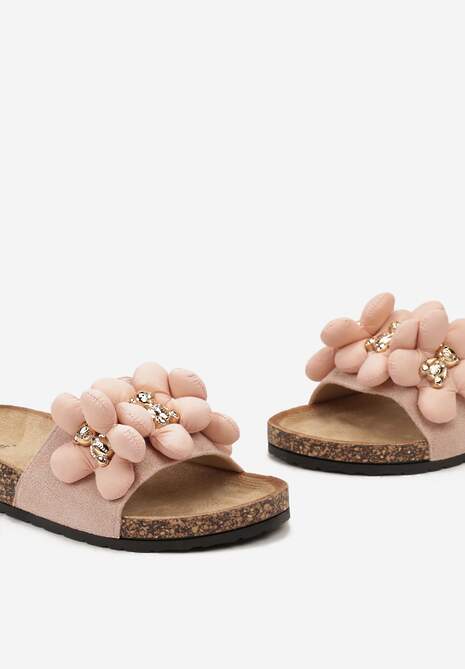 Różowe Klapki ze Złotymi Misiami i Kwiatkami na Profilowanej Podeszwie Isaralle