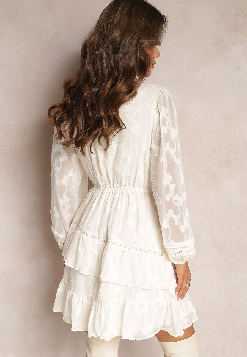 Jasnobeżowa Krótka Sukienka Boho Ozdobiona Metaliczną Nitką Eleonoritta