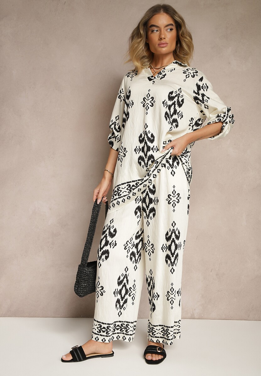 Biały Komplet z Wiskozą Koszula i Spodnie Zdobione Etnicznym Printem Mepina