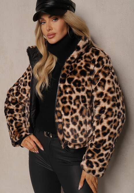 Czarna Pikowana Kurtka Puffer Dwustronna z Futerkiem w Panterkowy Wzór Tinnathra