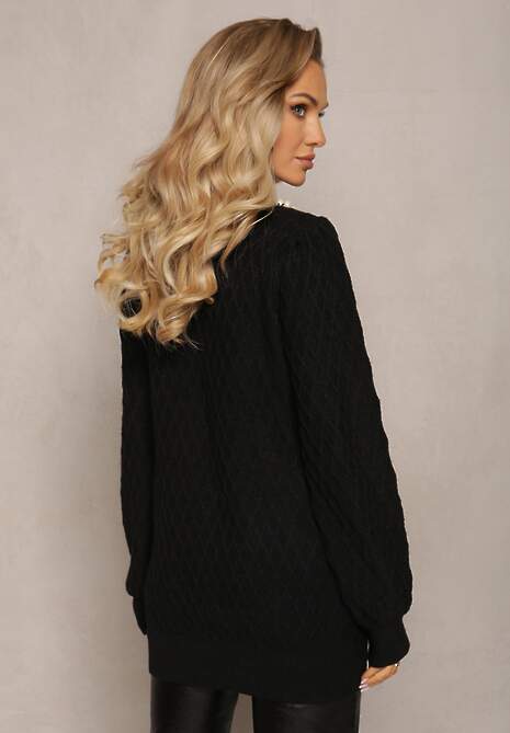 Czarny Sweterkowy Golf w Romby z Bufiastymi Rękawami i Perełkowym Naszyjnikiem Ravalia