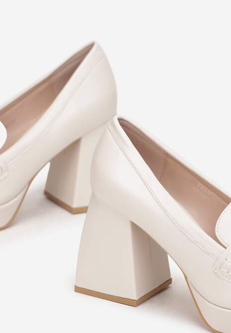 Beżowe Półbuty na Geometrycznym Słupku z Kwadratowym Noskiem Lanea