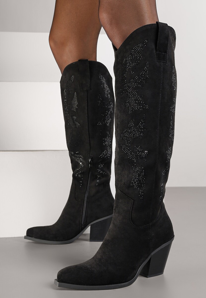 Czarne Kozaki Kowbojki na Stożkowym Obcasie z Aplikacją z Cyrkoniami Zevrine