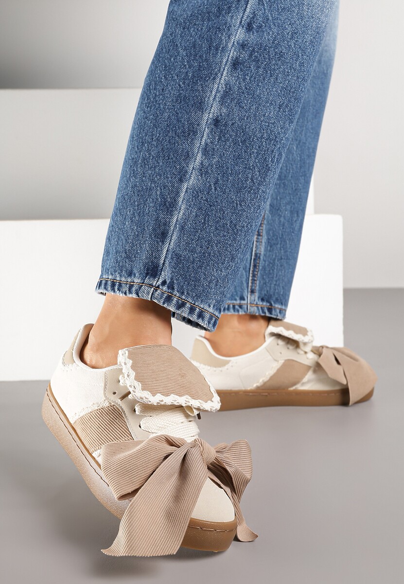 Brązowe Sneakersy Ozdobione Geometrycznym Wzorem i Kokardą Cedionna