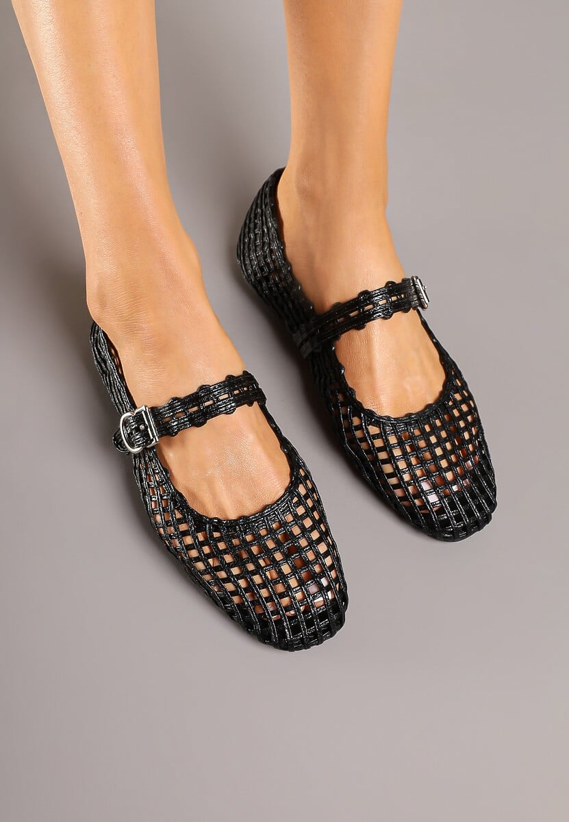 Czarne Ażurowe Balerinki w Stylu Mary Jane z Plecioną Cholewką Deraelle