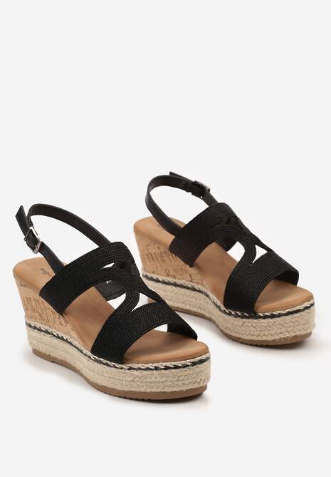Czarne Sandały z Ozdobnym Paskiem na Koturnie Korkowym z Plecionką Dalarrna