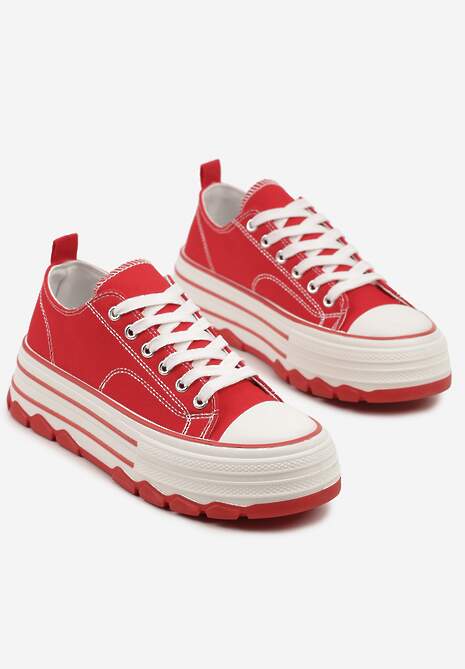 Czerwone Trampki na Platformie z Paskami i Niską Cholewką Zienelle