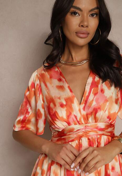 Pomarańczowa Sukienka o Rozkloszowanym Kroju w Abstrakcyjny Wzór Rinarienna