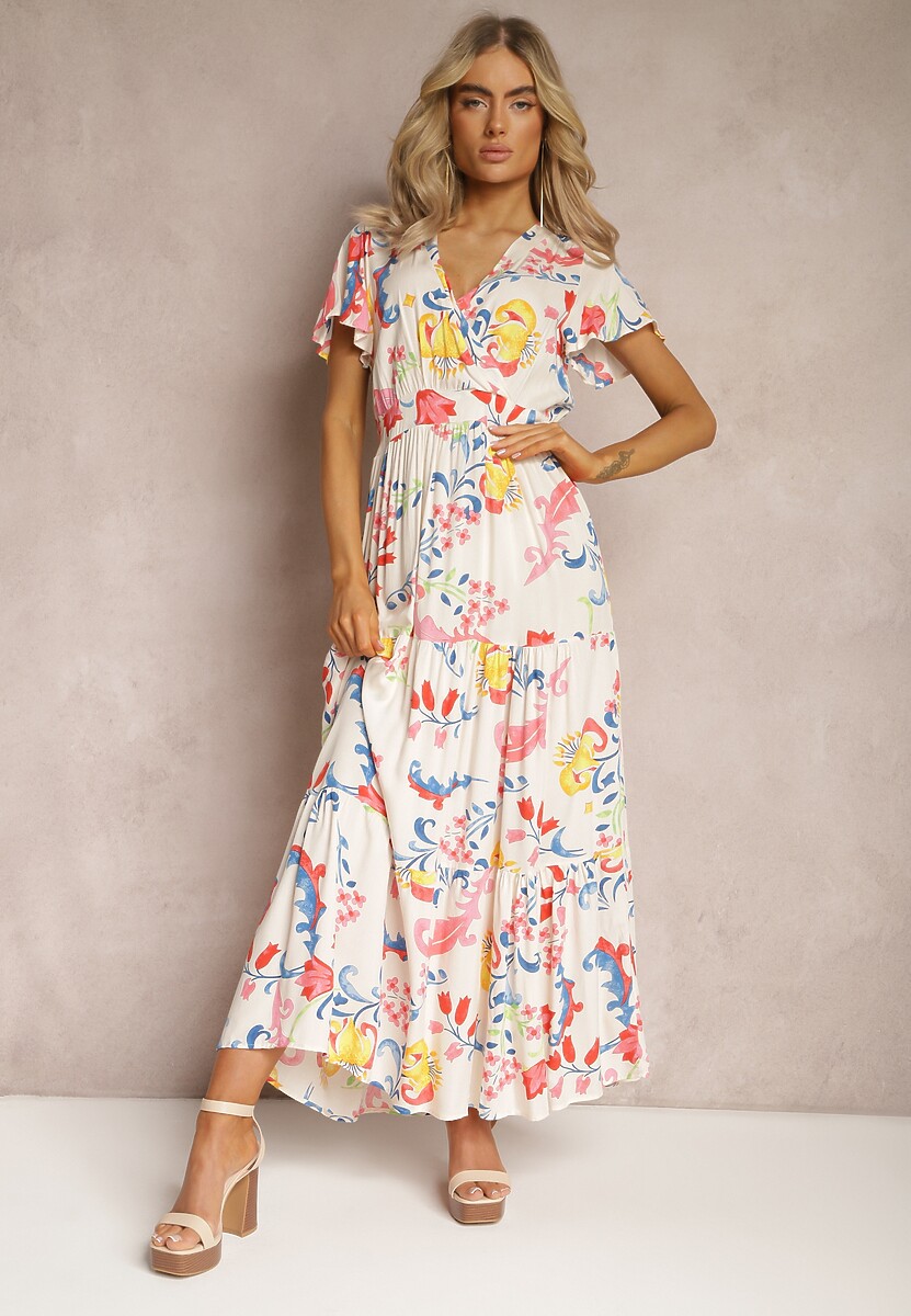 Biała Kwiatowa Sukienka o Rozkloszowanym Fasonie Maxi z Wiskozy z Falbanką Acatie
