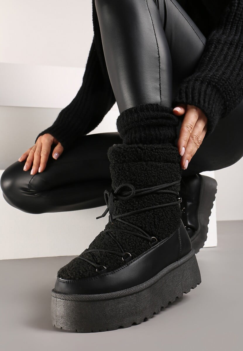 Czarne Sznurowane Śniegowce Vices na Platformie z Futerkiem Ravorelle