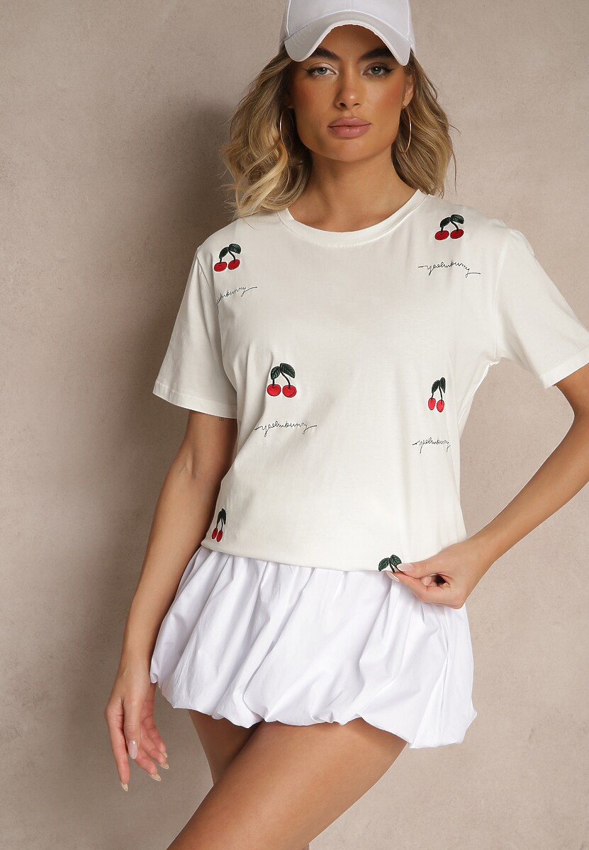 Biały T-shirt z Bawełny z Haftowanymi Detalami w Wiśnie Nevianeva