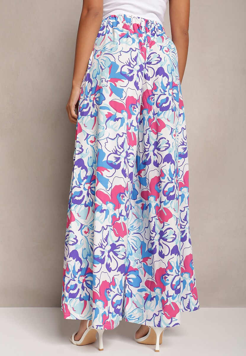 Jasnoniebieskie Długie Spodnie w Kwiatowy Print z Gumką w Pasie i Kieszeniami Kaydan