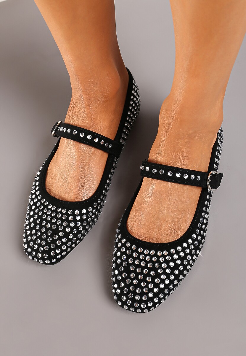 Czarne Balerinki na Płaskiej Podeszwie Ozdobione Cyrkoniami i Regulowanym Paskem Nenivia