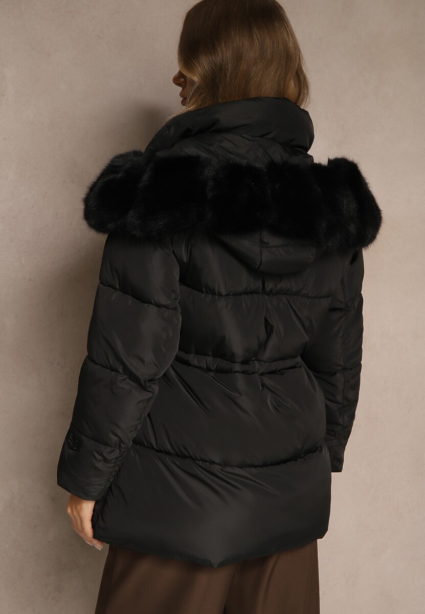 Czarna Pikowana Kurtka z Szerokim Kapturem z Futrem Galiessa