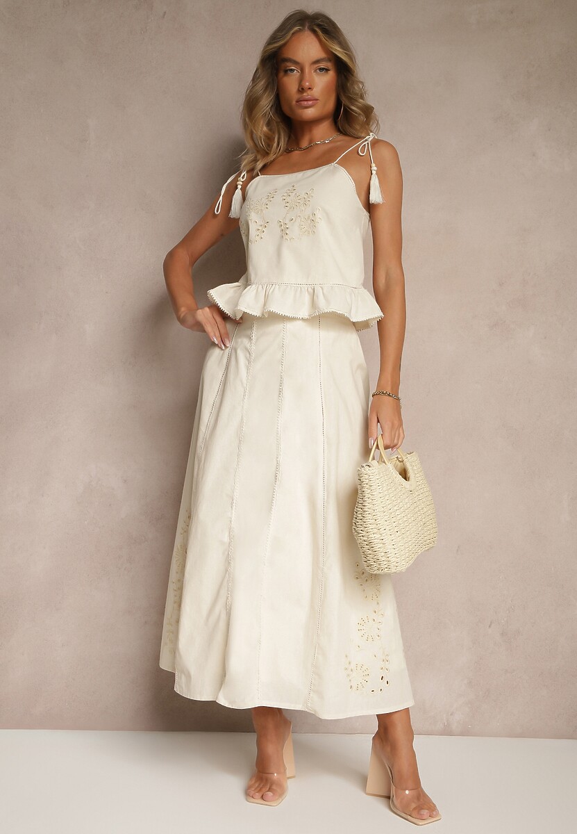 Beżowa Rozkloszowana Spódnica z Bawełny z Haftowanymi Detalami Tolanisse