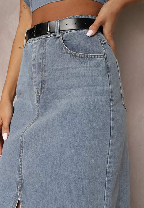 Niebieska Spódnica Jeansowa Maxi z Paskiem Mullese