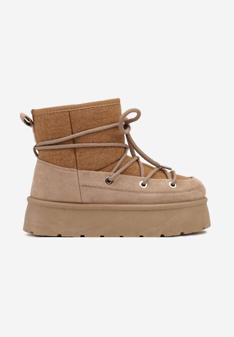 Ciemnobeżowe Śniegowce na Platformie ze Sznurowaniem Werilina