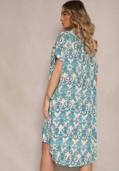 Jasnoniebieska Wiskozowa Sukienka o Koszulowym Kroju w Ornamentalny Wzór Inisaria