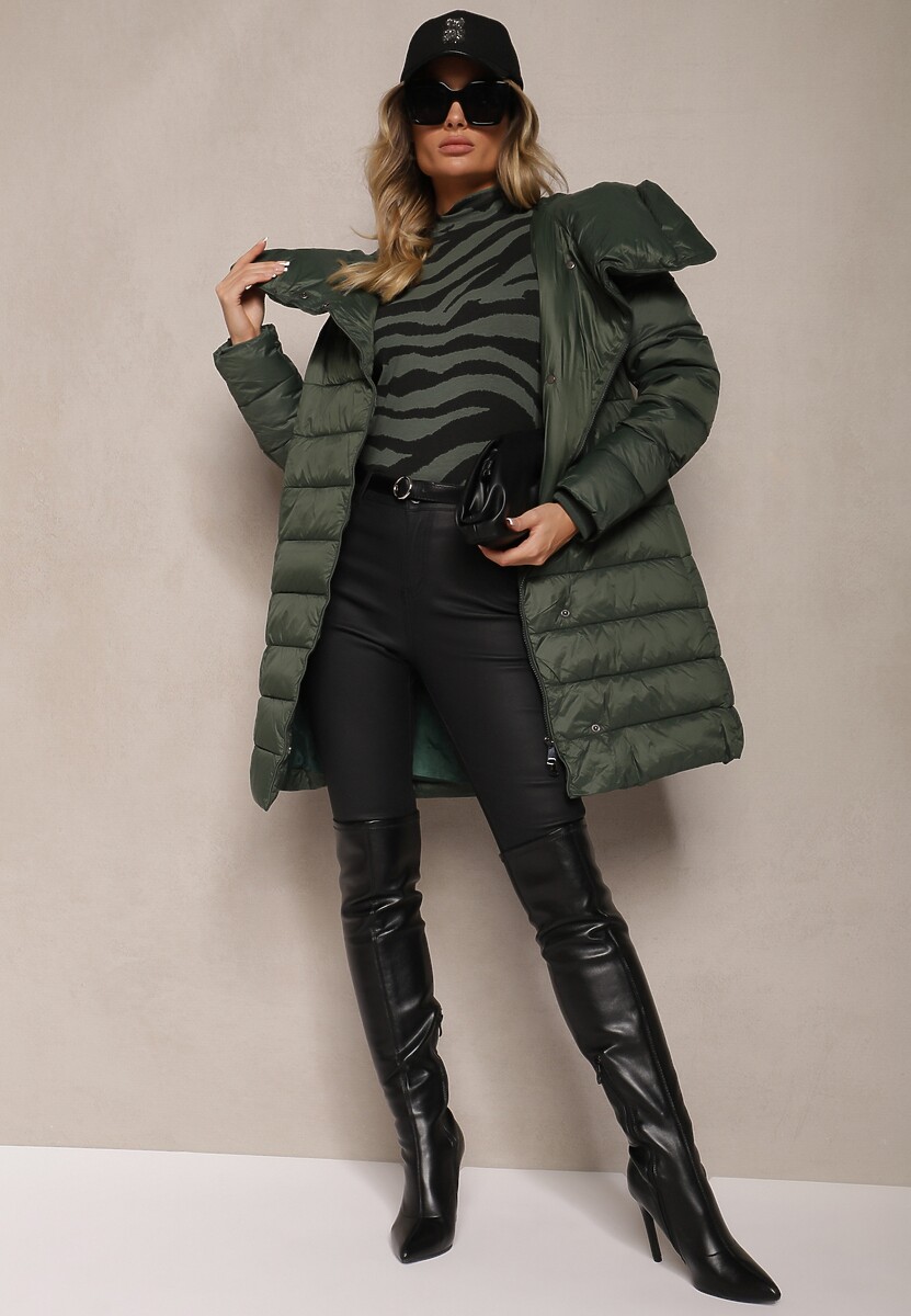 Zielona Długa Pikowana Kurtka z Kapturem i Dodatkowym Paskiem Hanovia