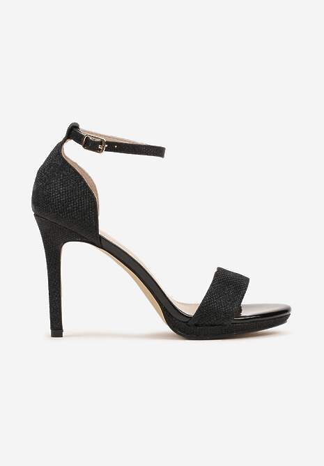 Czarne Brokatowe Sandały na Szpilce Zapinane Wokół Kostki Mlinaya
