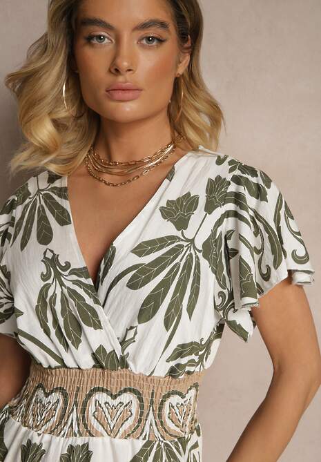 Ciemnozielony Kombinezon z Wiskozy z Zaznaczoną Talią w Boho Wzór i Dekoltem V Virazia