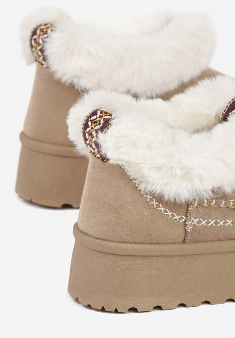 Ciemnobeżowe Śniegowce na Platformie Ozdobione Futerkiem i Przeszyciami Linerva