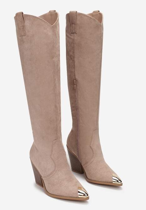 Ciemnobeżowe Kozaki Kowbojki ze Szpiczastym Noskiem Naphie