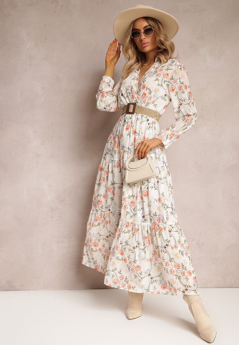 Czarna Sukienka Maxi z Plecionym Paskiem i Gumką w Talii w Kwiaty Elanisa