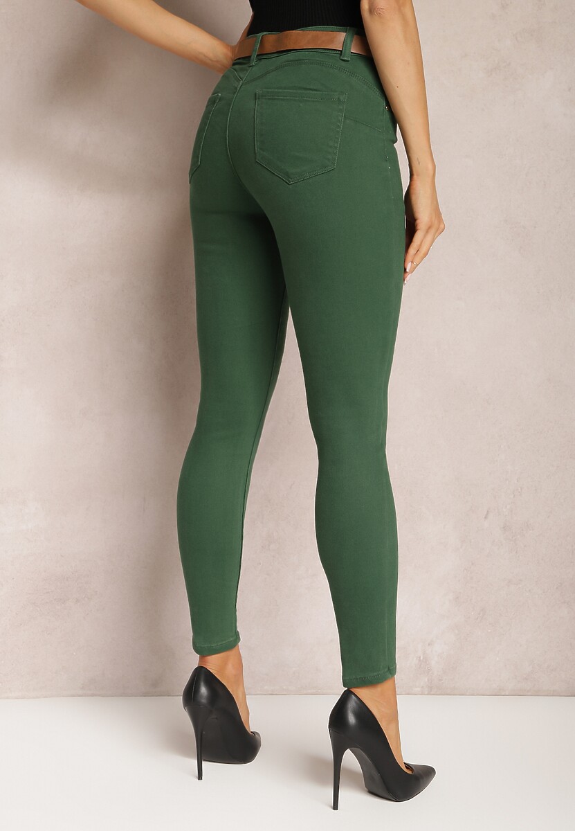 Ciemnozielone Jeansy Skinny z Paskiem z Klamerką Pisanne