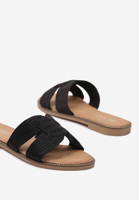 Czarne Klapki na Płaskiej Podeszwie z Plecioną Cholewką Undvikia