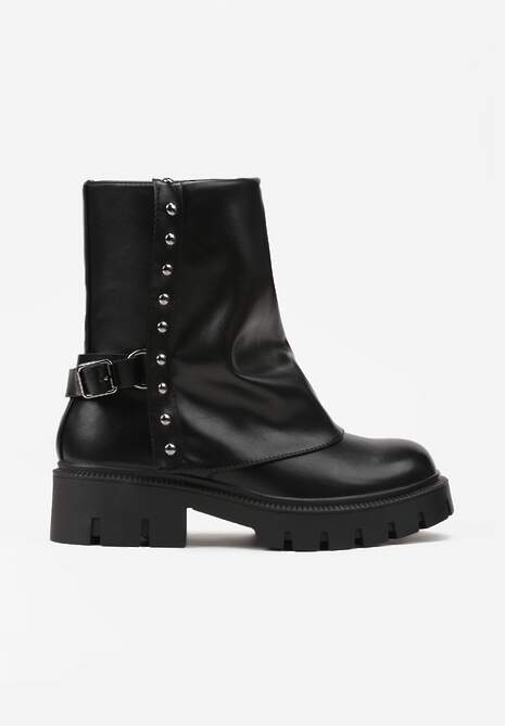 Czarne Botki Ozdobione Klamrą i Wywiniętą Cholewką Ansone