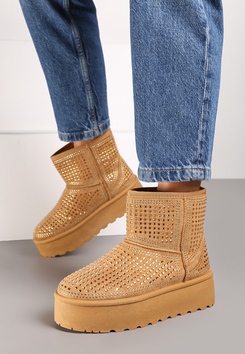 Brązowe Śniegowce na Platformie Ozdobione Cyrkoniami Zindelle