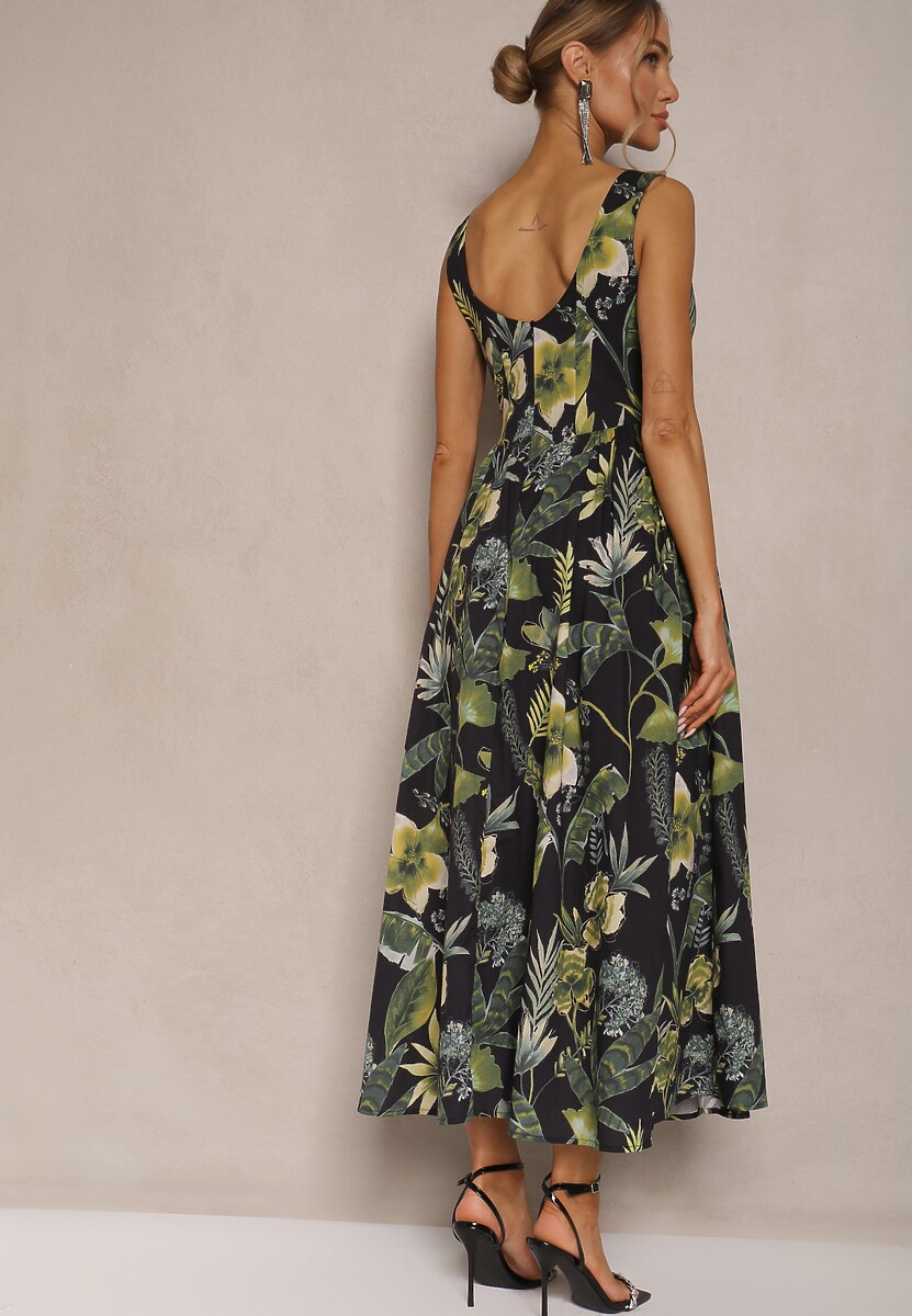 Czarna Sukienka w Roślinny Wzór z Bawełny o Rozkloszowanym Kroju Korlio
