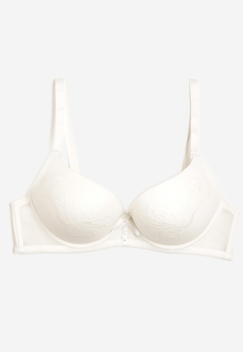 Jasnobeżowy Biustonosz Push Up Ozdobiony Kwiatowym Wzorem i Kokardką Amaril