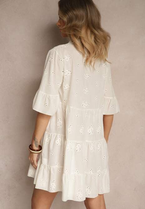 Jasnobeżowa Rozkloszowana Sukienka Koszulowa z Bawełny Zdobiona Haftem i Falbanami Filarosa