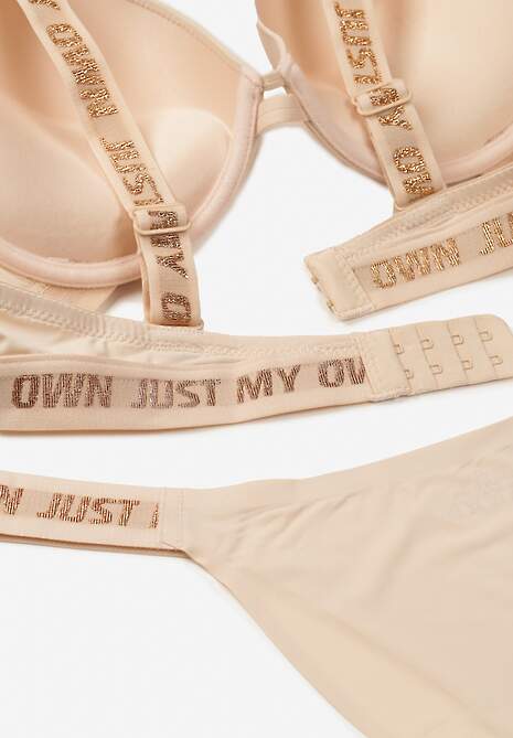 Beżowy Komplet Ozdobiony Napisami z Biustonoszem z Efektem Push-Up i Majtkami Bralicia