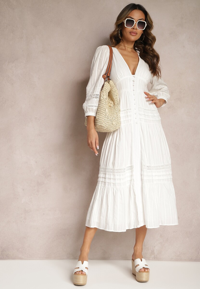 Biała Bawełniana Sukienka o Rozkloszowanym Kroju Wykończona Ażurowymi Wstawkami Perline