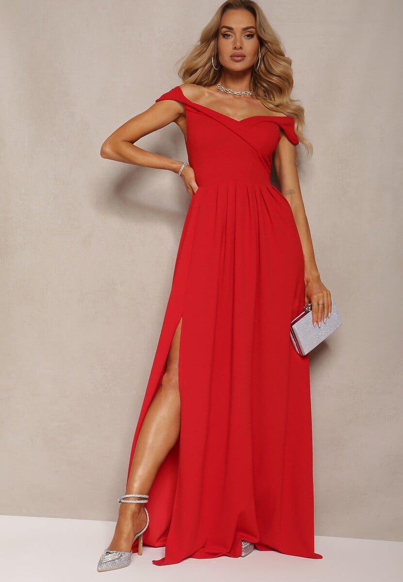 Czerwona Elegancka Długa Sukienka Hiszpanka Wykończona Rozcięciem na Dole Idelia