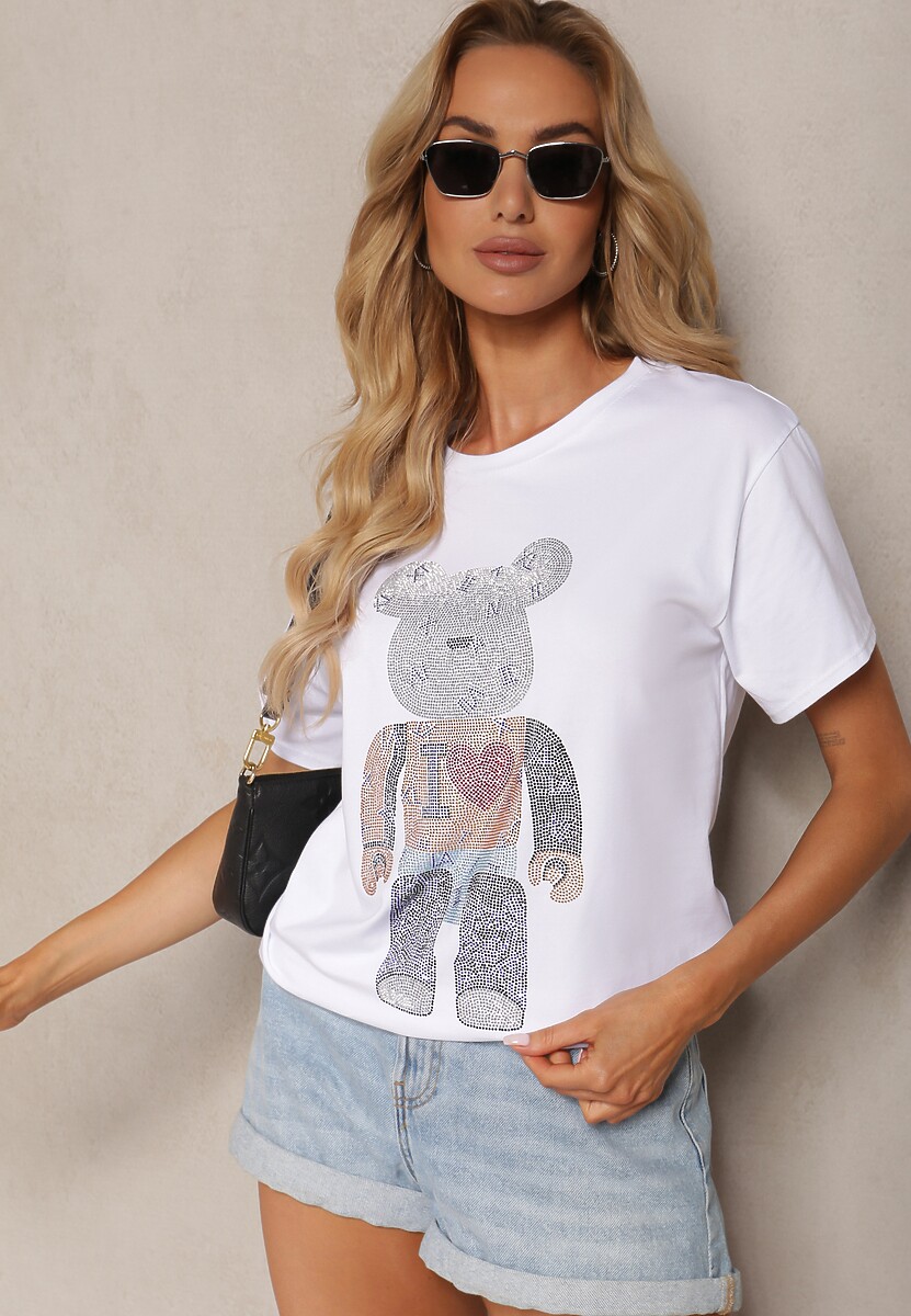 Biały Bawełniany T-shirt z Krótkim Rękawem i Cyrkoniami Risarie